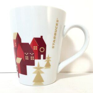 Starbucks 2013 Christmas Holiday 13 oz. Coffee Cup Mug Red Village Gold Trees